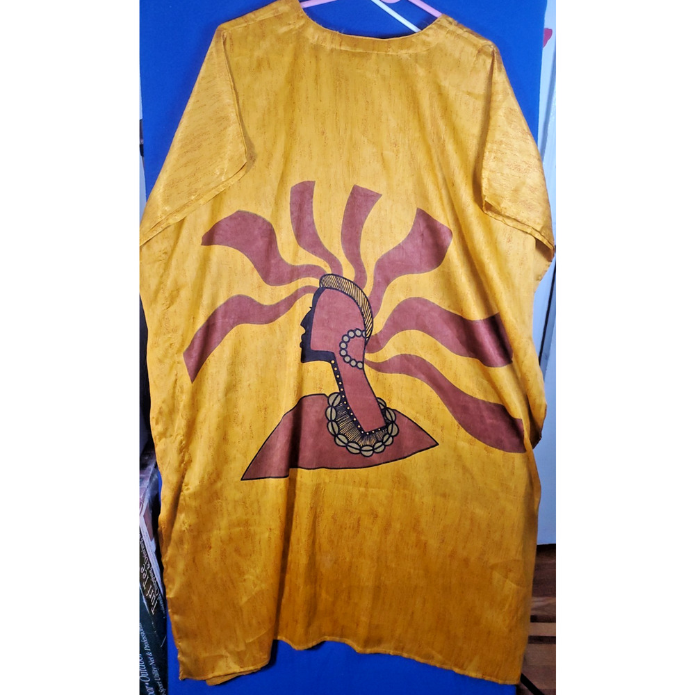 Vintage African Essence Kaftan Dress Womens One Size Yellow Afrocentric Graphic - Picture 7 of 14